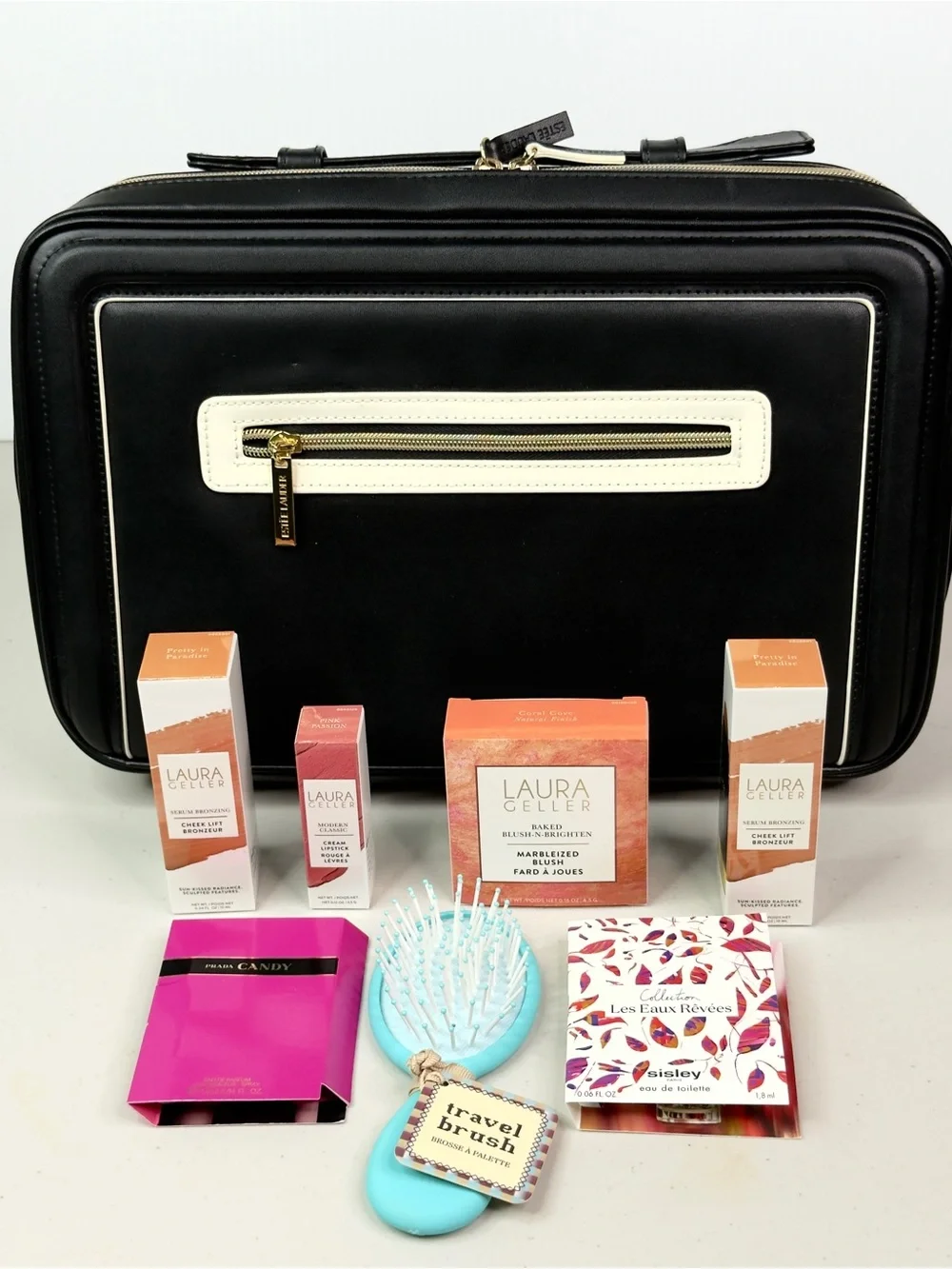 Luxury Travel Makeup Case Bundle Laura Geller Prada Sisley Beauty Set NEW